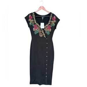 NWT VTG Carole Little Dress Large Black Wool Blend Floral Embroidery Button